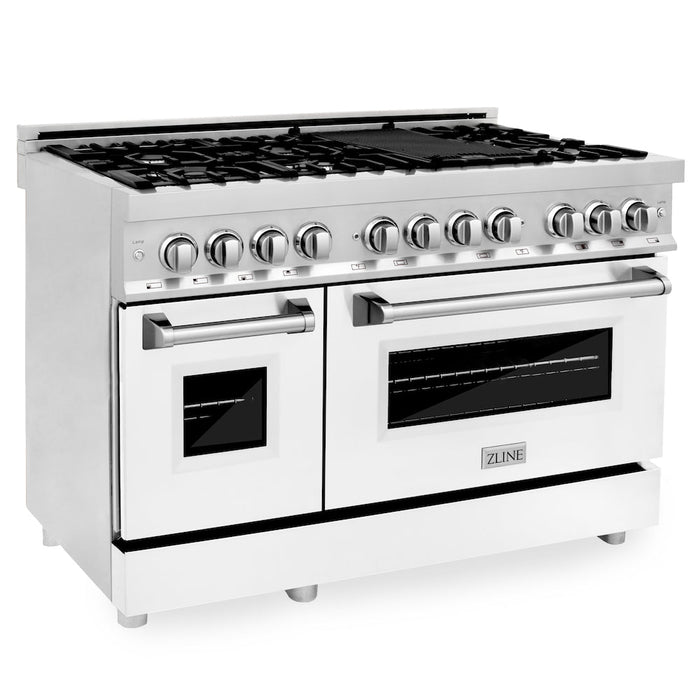 ZLINE 48 in. 6.0 cu. ft. Legacy Dual Fuel Range with 7 Burner Gas Cooktop and 2 Electric Ovens in Stainless Steel and White Matte Doors (RA-WM-48)