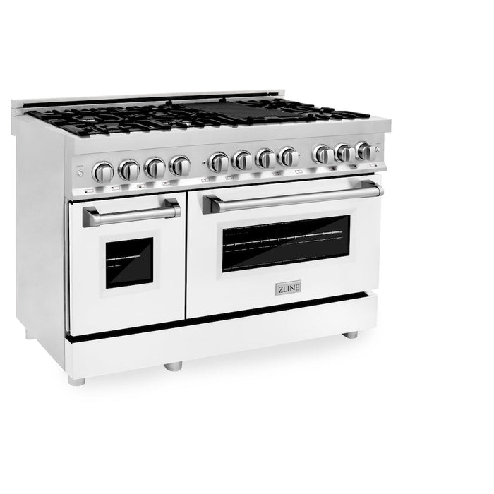 ZLINE 48 in. 6.0 cu. ft. Legacy Dual Fuel Range with 7 Burner Gas Cooktop and 2 Electric Ovens in Stainless Steel and White Matte Doors (RA-WM-48)