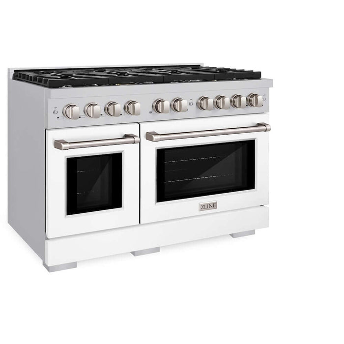 ZLINE 48 in. 6.7 cu. ft. Paramount Double Oven Gas Range with 8 Burner Cooktop in Stainless Steel with White Matte Doors (SGR-WM-48)