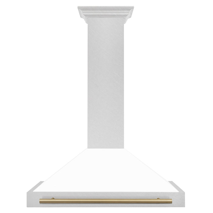 ZLINE 36" Autograph Edition Range Hood in DuraSnow® Stainless Steel with White Matte Shell and Champagne Bronze Handle, KB4SNZ-WM36-CB