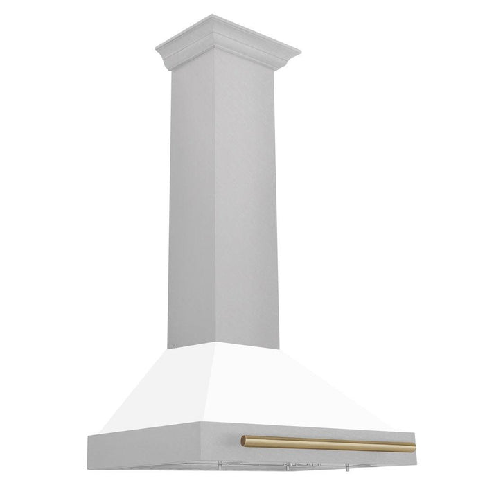 ZLINE Autograph Edition Convertible Fingerprint Resistant DuraSnow® Stainless Steel Range Hood with White Matte Shell and Champagne Bronze Handle (KB4SNZ-WM-CB)