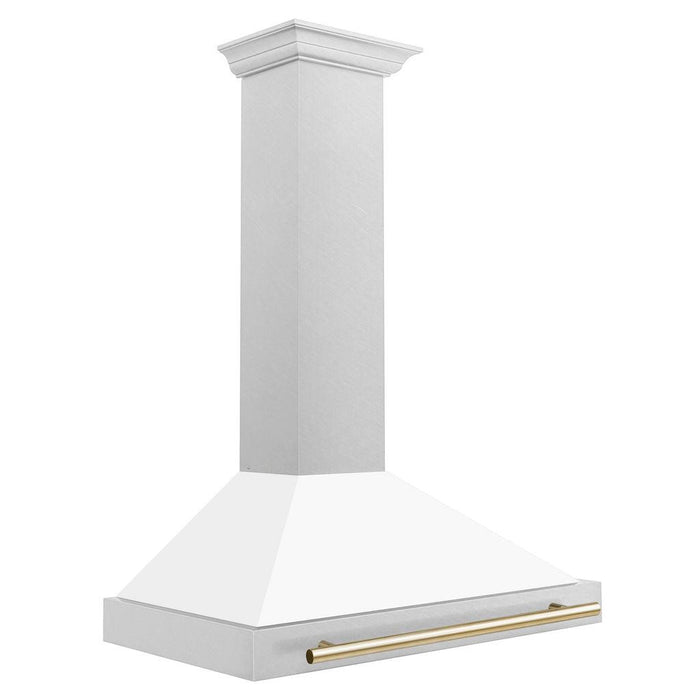 ZLINE Autograph Edition Convertible Fingerprint Resistant DuraSnow® Stainless Steel Range Hood with White Matte Shell and Polished Gold Handle (KB4SNZ-WM-G) Polished Gold, side.