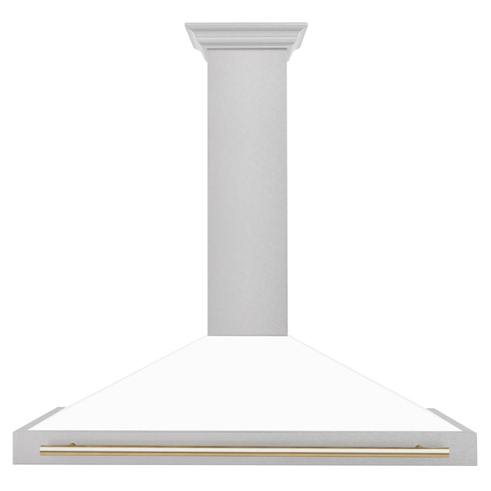 ZLINE 48 Inch Autograph Edition DuraSnow® Stainless Steel Range Hood with a White Matte Shell and Gold Handle, KB4SNZ-WM48-G