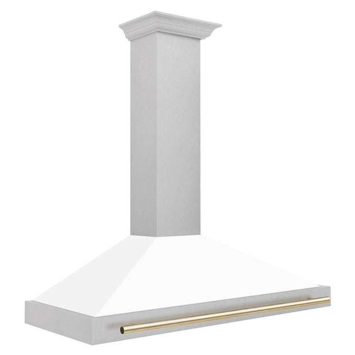 ZLINE Autograph Edition Convertible Fingerprint Resistant DuraSnow® Stainless Steel Range Hood with White Matte Shell and Polished Gold Handle (KB4SNZ-WM-G) Polished Gold, side.