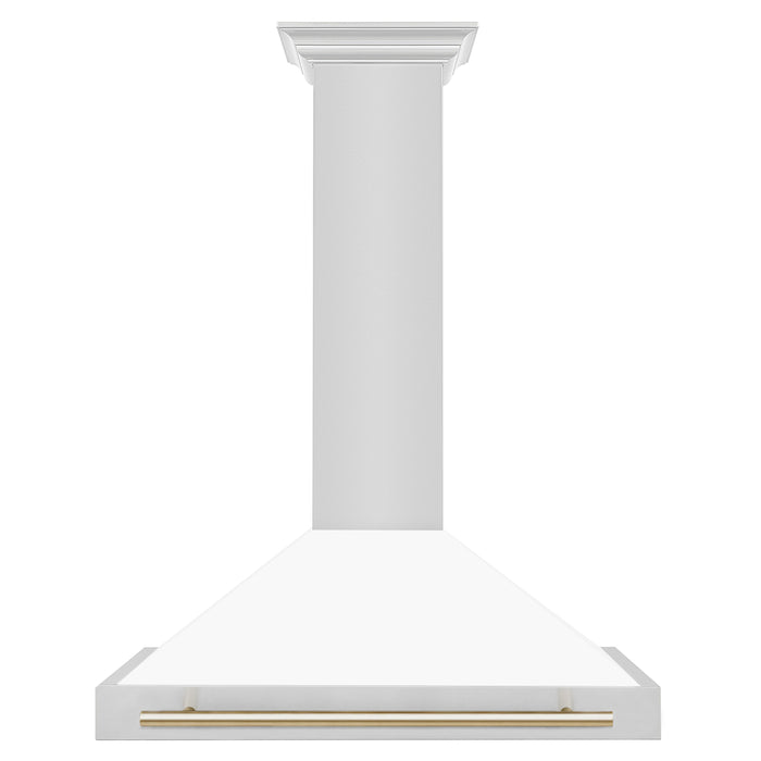 ZLINE 36 Inch Autograph Edition Stainless Steel Range Hood with a Matte White Shell and Gold Handle, KB4STZ-WM36-G