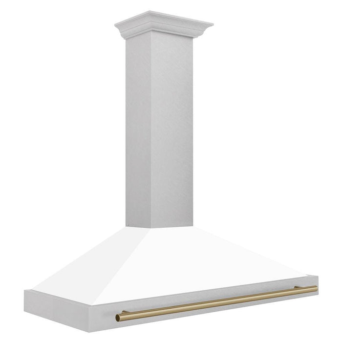 ZLINE Autograph Edition Convertible Fingerprint Resistant DuraSnow® Stainless Steel Range Hood with White Matte Shell and Champagne Bronze Handle (KB4SNZ-WM-CB) Champagne Bronze, side.