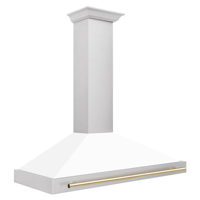 ZLINE Autograph Edition Convertible Stainless Steel Range Hood with White Matte Shell and Polished Gold Accents (KB4STZ-WM-G) Polished Gold, side.