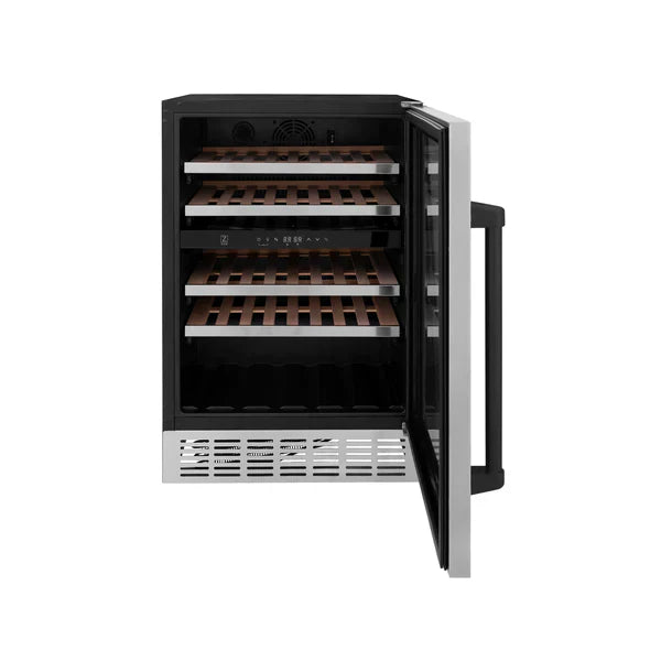 ZLINE 24" Autograph Dual Zone 44-Bottle Wine Cooler in Stainless Steel with Matte Black Accents, RWVZ-UD-24-MB