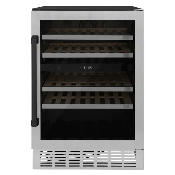 ZLINE 24" Autograph Dual Zone 44-Bottle Wine Cooler in Stainless Steel with Matte Black Accents, RWVZ-UD-24-MB