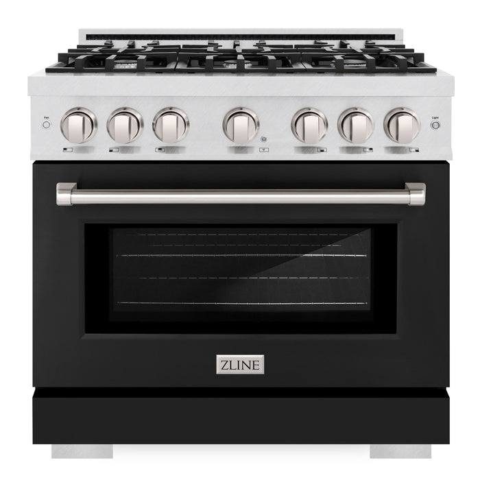 ZLINE 36" 5.2 cu. ft. Select Dual Fuel Range with 6 Burners in DuraSnow® Stainless Steel with Black Matte Door, HDRS-BLM-36