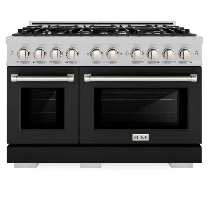 ZLINE 48" 6.7 cu. ft. Select Double Oven Gas Range with 8 Burners in DuraSnow® Stainless Steel with Black Matte Doors, HGRS-BLM-48