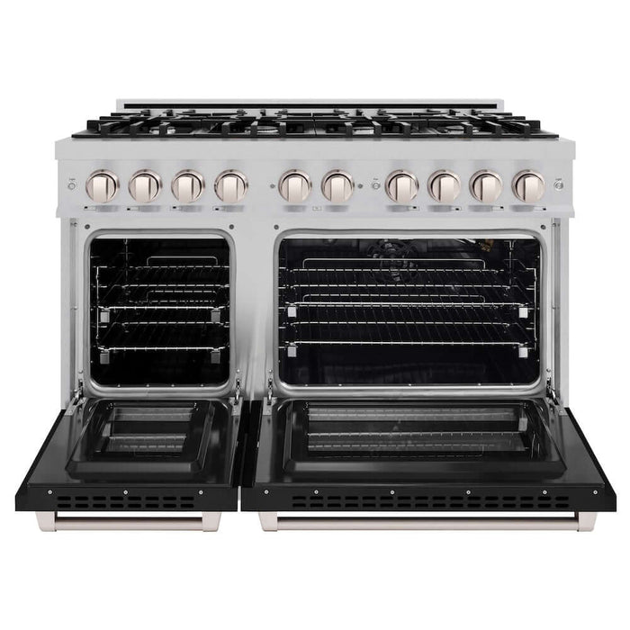 ZLINE 48 in. 6.7 cu. ft. Select Double Oven Gas Range with 8 Burner Cooktop in DuraSnow® Stainless Steel with Black Matte Doors (HGRS-BLM-48)