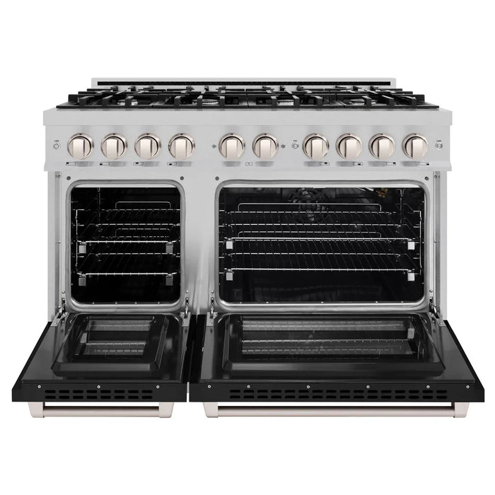 ZLINE 48" 6.7 cu. ft. Select Double Oven Gas Range with 8 Burners in DuraSnow® Stainless Steel with Black Matte Doors, HGRS-BLM-48