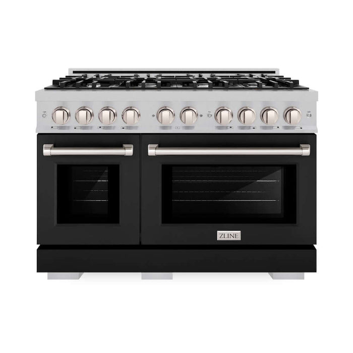 ZLINE 48 in. 6.7 cu. ft. Select Double Oven Dual Fuel Range with 8 Burner Gas Cooktop in DuraSnow® Stainless Steel with Black Matte Doors (HDRS-BLM-48)