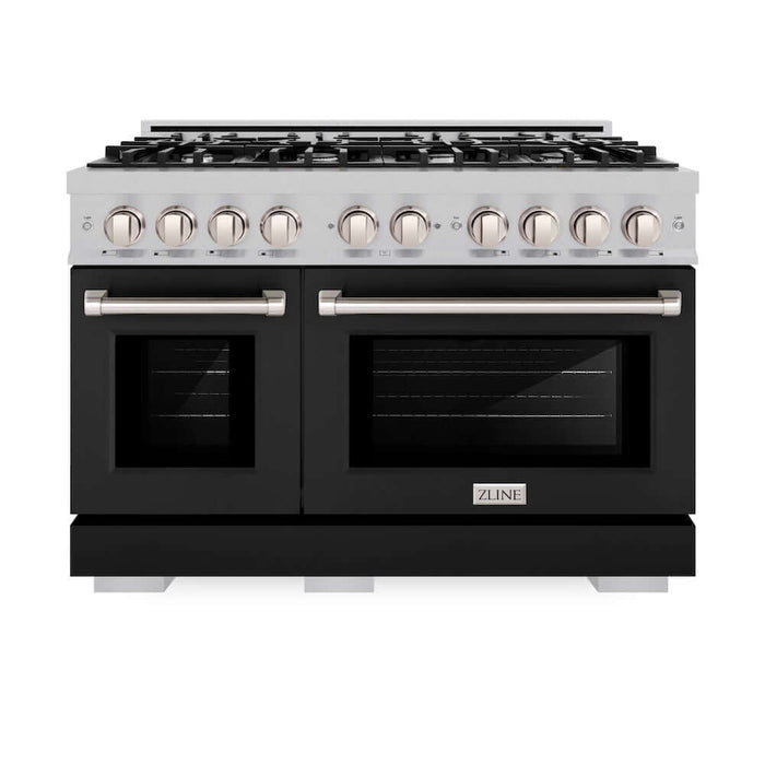 ZLINE 48 in. 6.7 cu. ft. Select Double Oven Dual Fuel Range with 8 Burner Gas Cooktop in DuraSnow® Stainless Steel with Black Matte Doors (HDRS-BLM-48)