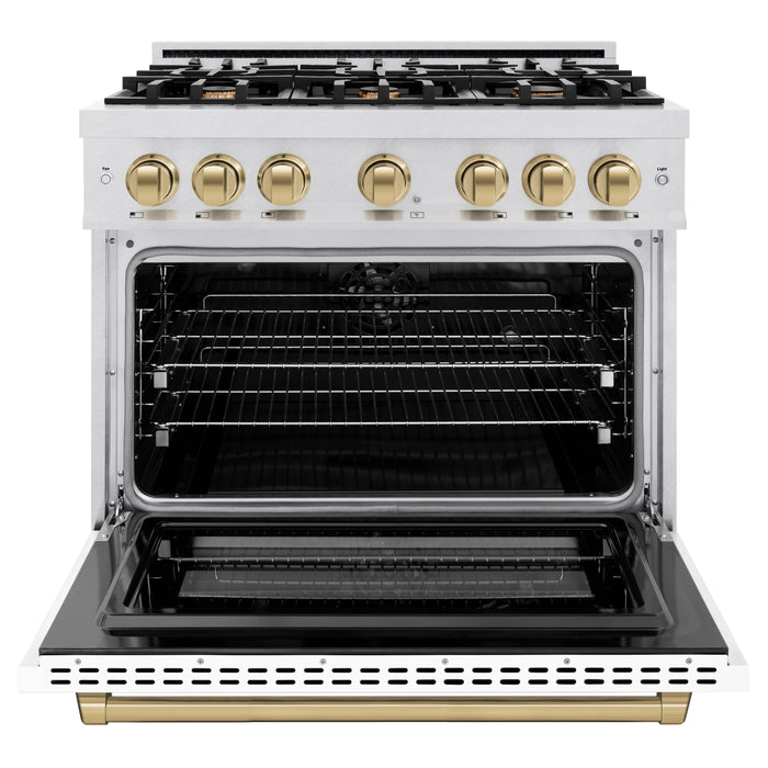 ZLINE Autograph Edition 36" 5.2 cu. ft. Select Dual Fuel Range with 6 Burners in DuraSnow® Stainless Steel with White Matte Door and Champagne Bronze Accents, HDRSZ-WM-36-CB