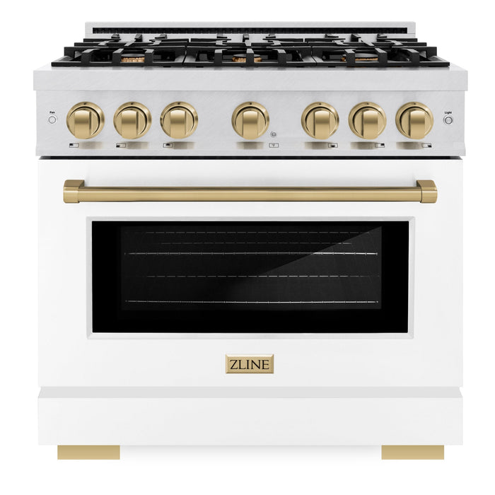 ZLINE Autograph Edition 36" 5.2 cu. ft. Select Dual Fuel Range with 6 Burners in DuraSnow® Stainless Steel with White Matte Door and Champagne Bronze Accents, HDRSZ-WM-36-CB