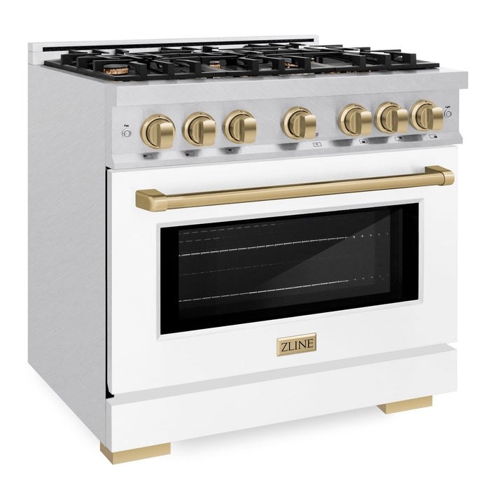 ZLINE Autograph Edition 36" 5.2 cu. ft. Select Dual Fuel Range with 6 Burners in DuraSnow® Stainless Steel with White Matte Door and Champagne Bronze Accents, HDRSZ-WM-36-CB