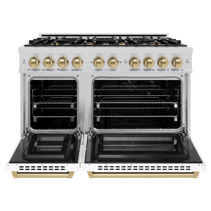 ZLINE Autograph Edition 48" 6.7 cu. ft. Select Double Oven Dual Fuel Range with 8 Burners in DuraSnow® Stainless Steel with White Matte Doors and Champagne Bronze Accents, HDRSZ-WM-48-CB