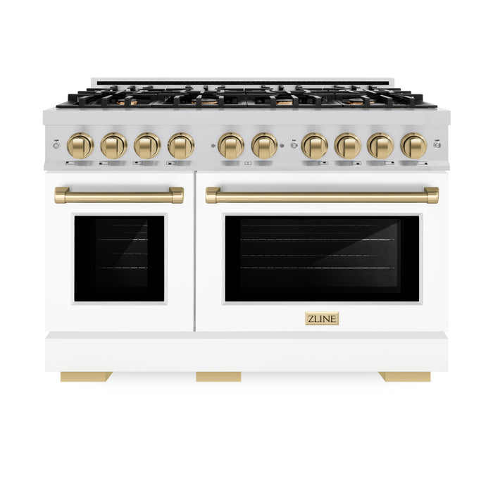 ZLINE Autograph Edition 48" 6.7 cu. ft. Select Double Oven Dual Fuel Range with 8 Burners in DuraSnow® Stainless Steel with White Matte Doors and Champagne Bronze Accents, HDRSZ-WM-48-CB