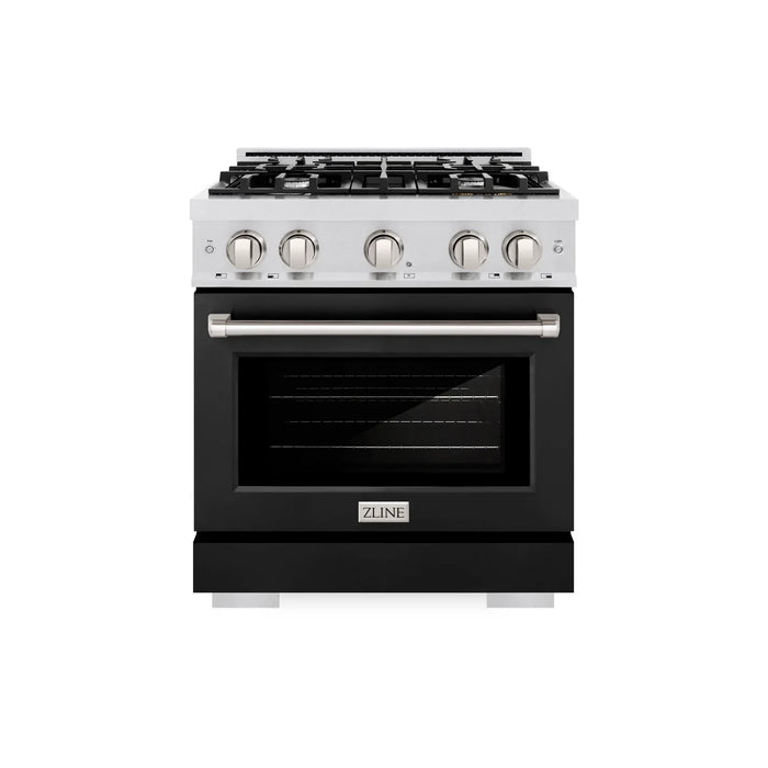 ZLINE 30" 4.2 cu. ft. Select Gas Range with 4 Burners in DuraSnow® Stainless Steel with Black Matte Door, HGRS-BLM-30