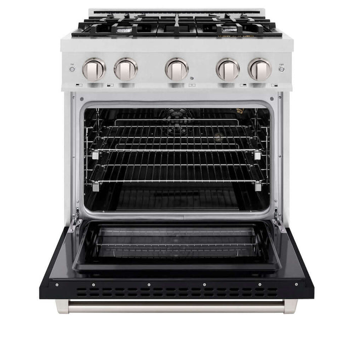 ZLINE 30 in. 4.2 cu. ft. Select Gas Range with 4 Burner Cooktop and Convection Gas Oven in DuraSnow® Stainless Steel with Black Matte Door (HGRS-BLM-30)