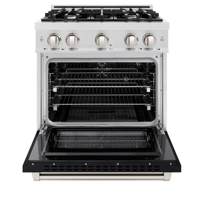 ZLINE 30" 4.2 cu. ft. Select Gas Range with 4 Burners in DuraSnow® Stainless Steel with Black Matte Door, HGRS-BLM-30