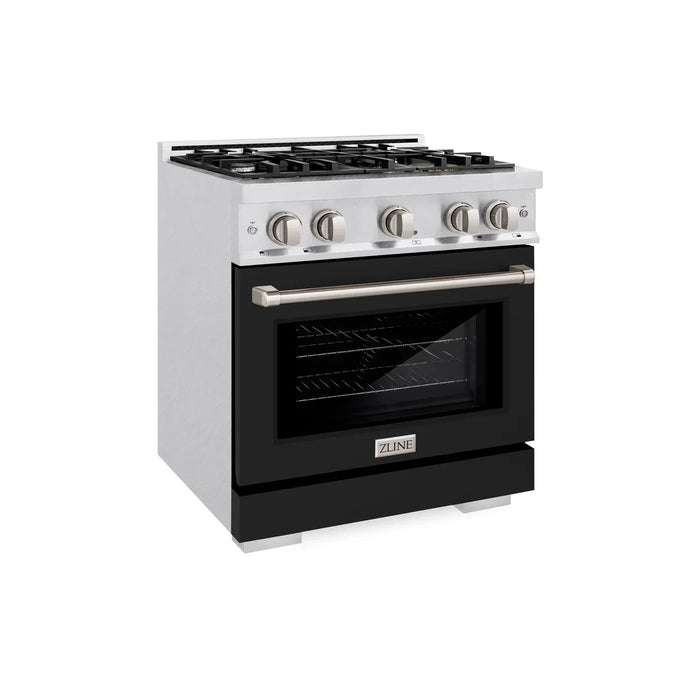 ZLINE 30" 4.2 cu. ft. Select Gas Range with 4 Burners in DuraSnow® Stainless Steel with Black Matte Door, HGRS-BLM-30