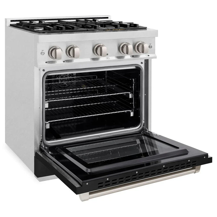 ZLINE 30" 4.2 cu. ft. Select Gas Range with 4 Burners in DuraSnow® Stainless Steel with Black Matte Door, HGRS-BLM-30