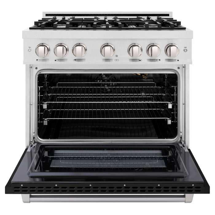 ZLINE 36" 5.2 cu. ft. Select Gas Range with 6 Burners in DuraSnow® Stainless Steel with Black Matte Door, HGRS-BLM-36