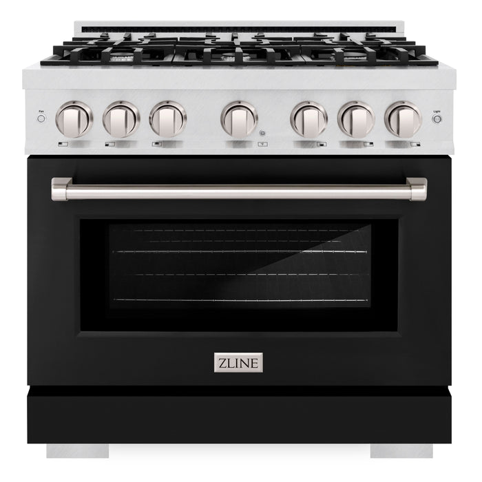 ZLINE 36" 5.2 cu. ft. Select Gas Range with 6 Burners in DuraSnow® Stainless Steel with Black Matte Door, HGRS-BLM-36