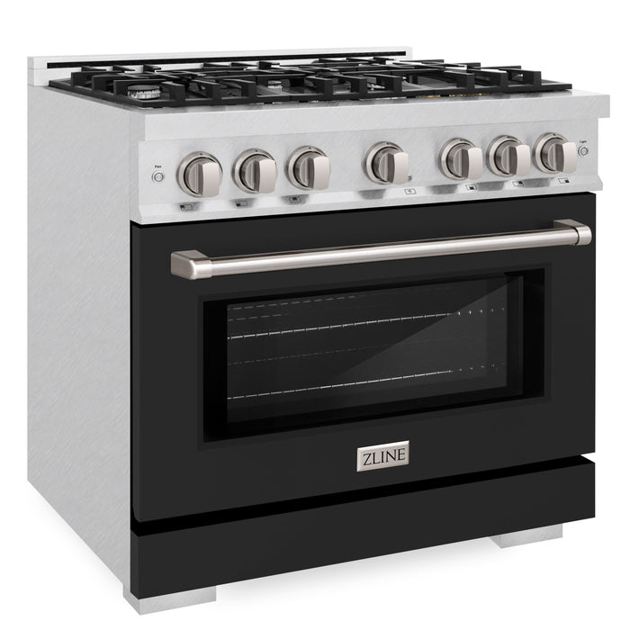 ZLINE 36" 5.2 cu. ft. Select Gas Range with 6 Burners in DuraSnow® Stainless Steel with Black Matte Door, HGRS-BLM-36