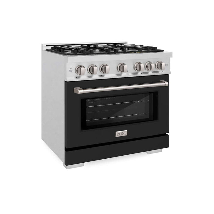 ZLINE 36 in. 5.2 cu. ft. Select Gas Range with 6 Burner Cooktop and Convection Gas Oven in DuraSnow® Stainless Steel with Black Matte Door (HGRS-BLM-36)