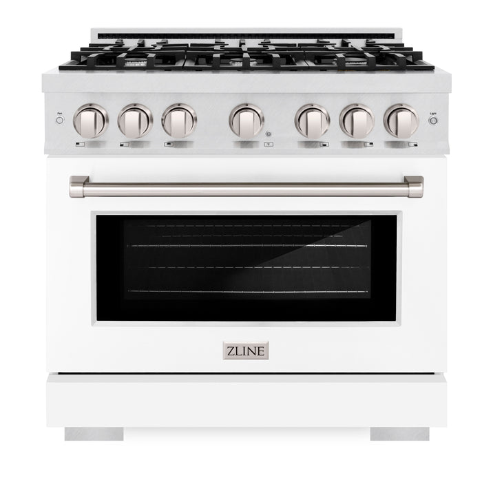 ZLINE 36" 5.2 cu. ft. Select Gas Range with 6 Burners in DuraSnow® Stainless Steel with White Matte Door, HGRS-WM-36