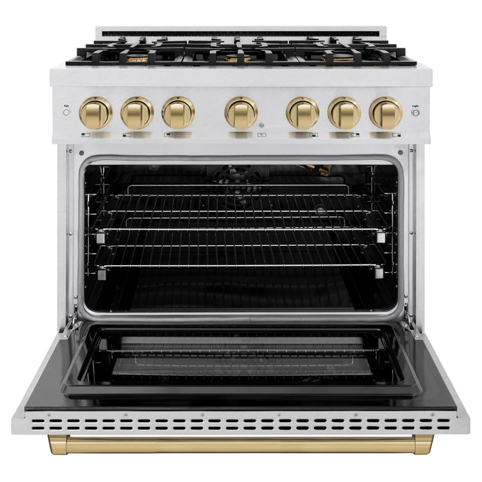 ZLINE Autograph Edition 36" 5.2 cu. ft. Select Gas Range with 6 Burners in DuraSnow® Stainless Steel and Champagne Bronze Accents, HGRSZ-36-CB