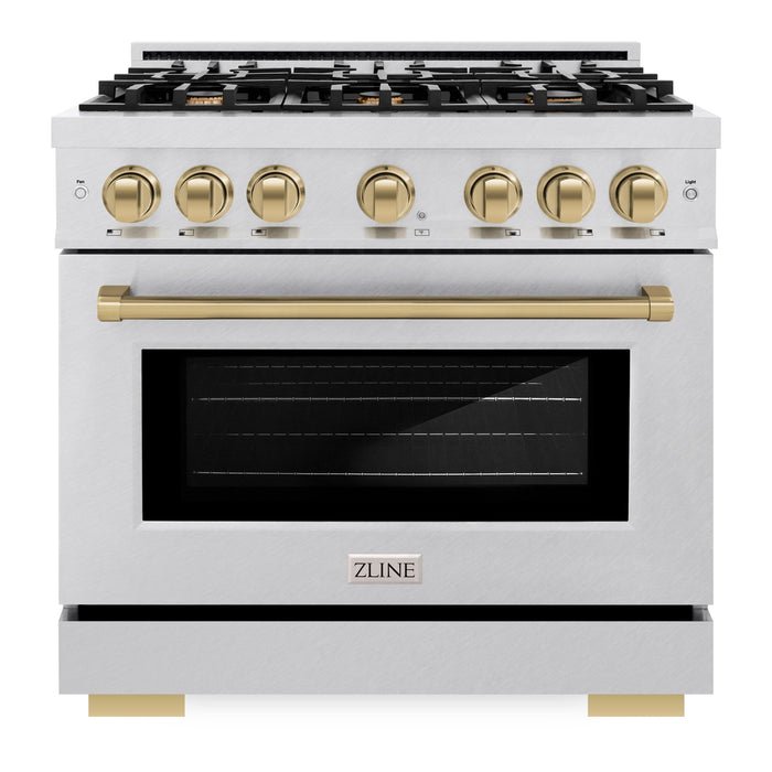 ZLINE Autograph Edition 36" 5.2 cu. ft. Select Gas Range with 6 Burners in DuraSnow® Stainless Steel and Champagne Bronze Accents, HGRSZ-36-CB