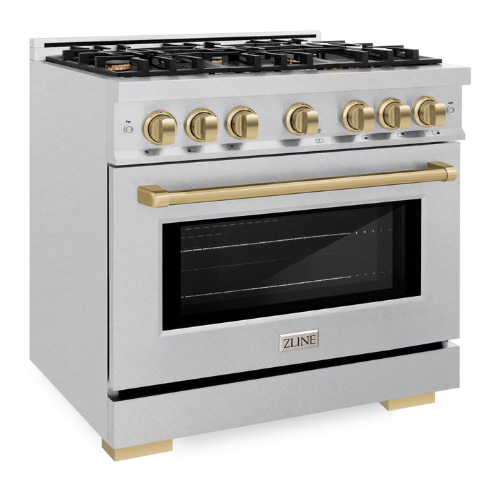 ZLINE Autograph Edition 36" 5.2 cu. ft. Select Gas Range with 6 Burners in DuraSnow® Stainless Steel and Champagne Bronze Accents, HGRSZ-36-CB