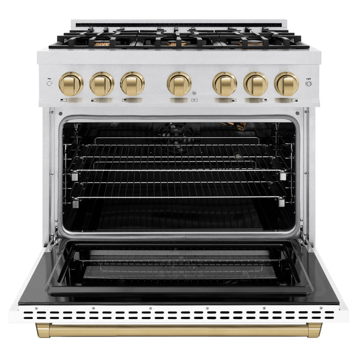 ZLINE Autograph Edition 36" 5.2 cu. ft. Select Gas Range with 6 Burners in DuraSnow® Stainless Steel with White Matte Door and Champagne Bronze Accents, HGRSZ-WM-36-CB