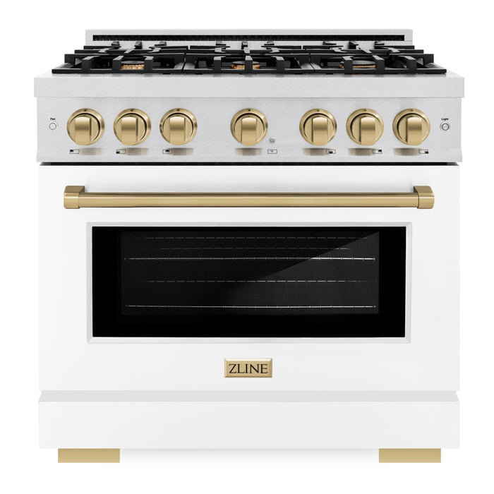 ZLINE Autograph Edition 36" 5.2 cu. ft. Select Gas Range with 6 Burners in DuraSnow® Stainless Steel with White Matte Door and Champagne Bronze Accents, HGRSZ-WM-36-CB