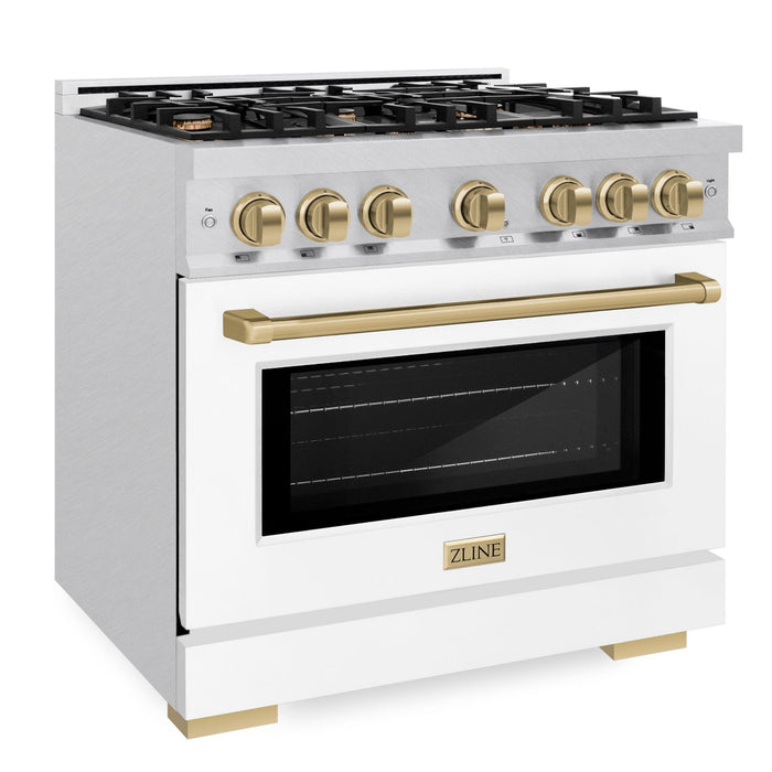 ZLINE Autograph Edition 36" 5.2 cu. ft. Select Gas Range with 6 Burners in DuraSnow® Stainless Steel with White Matte Door and Champagne Bronze Accents, HGRSZ-WM-36-CB