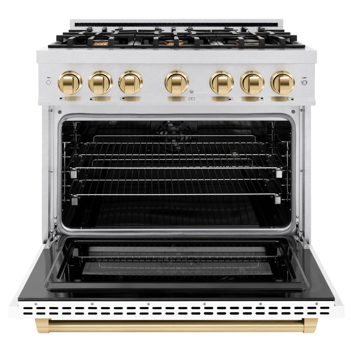 ZLINE Autograph Edition 36" 5.2 cu. ft. Select Dual Fuel Range with 6 Burners in DuraSnow® Stainless Steel with White Matte Door and Polished Gold Accents, HDRSZ-WM-36-G