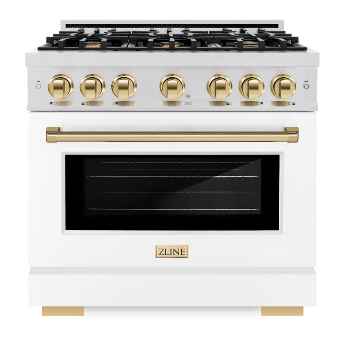 ZLINE Autograph Edition 36" 5.2 cu. ft. Select Dual Fuel Range with 6 Burners in DuraSnow® Stainless Steel with White Matte Door and Polished Gold Accents, HDRSZ-WM-36-G