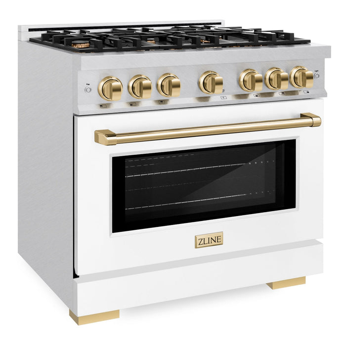 ZLINE Autograph Edition 36" 5.2 cu. ft. Select Dual Fuel Range with 6 Burners in DuraSnow® Stainless Steel with White Matte Door and Polished Gold Accents, HDRSZ-WM-36-G