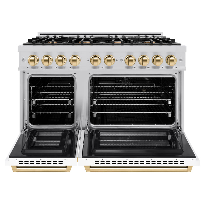 ZLINE Autograph Edition 48" 6.7 cu. ft. Select Double Oven Dual Fuel Range with 8 Burners in DuraSnow® Stainless Steel with White Matte Doors and Polished Gold Accents, HDRSZ-WM-48-G