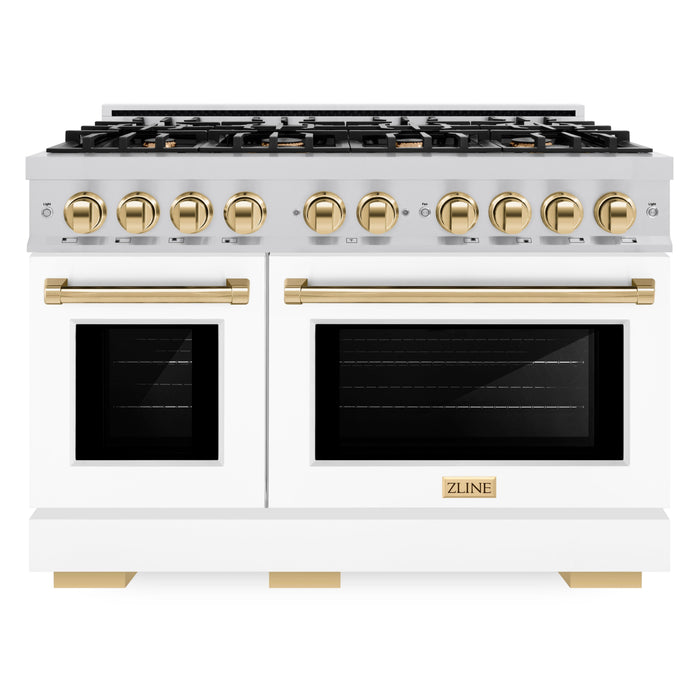 ZLINE Autograph Edition 48" 6.7 cu. ft. Select Double Oven Dual Fuel Range with 8 Burners in DuraSnow® Stainless Steel with White Matte Doors and Polished Gold Accents, HDRSZ-WM-48-G