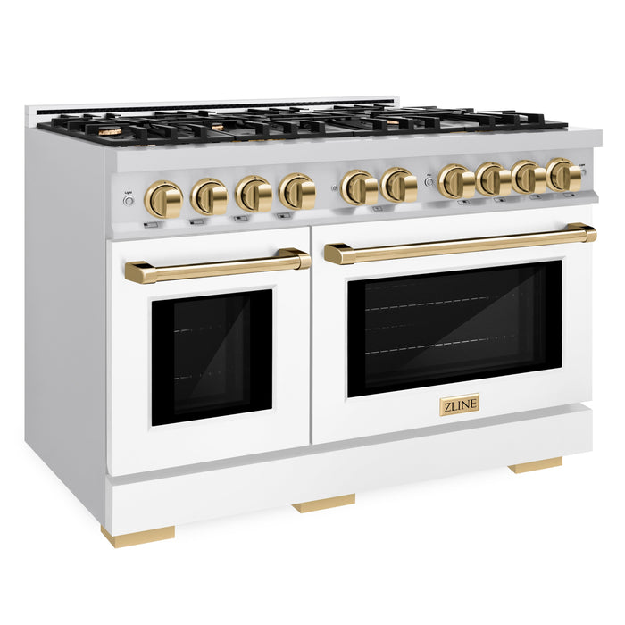 ZLINE Autograph Edition 48" 6.7 cu. ft. Select Double Oven Dual Fuel Range with 8 Burners in DuraSnow® Stainless Steel with White Matte Doors and Polished Gold Accents, HDRSZ-WM-48-G