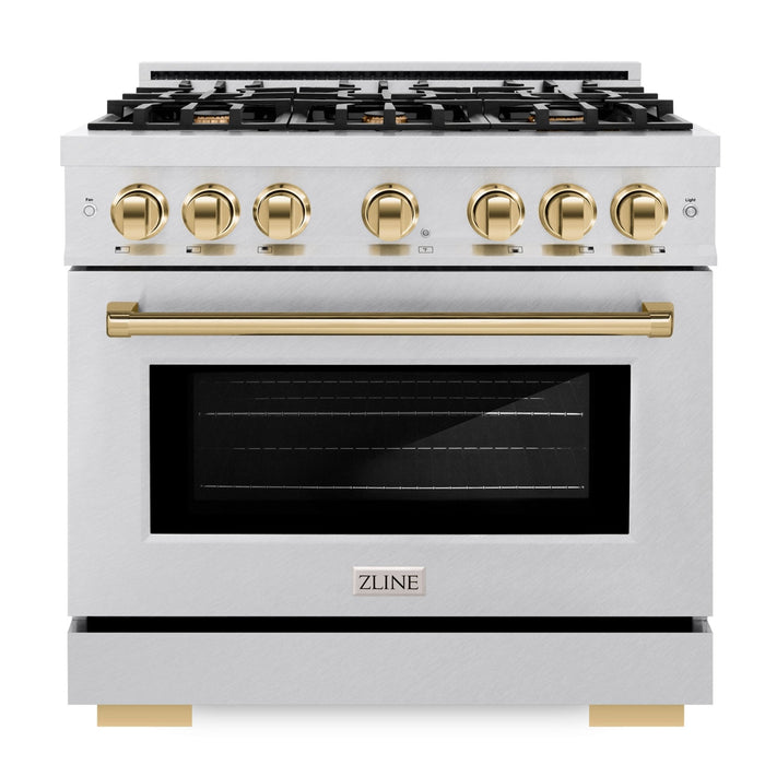 ZLINE Autograph Edition 36" 5.2 cu. ft. Select Gas Range with 6 Burners in DuraSnow® Stainless Steel and Polished Gold Accents, HGRSZ-36-G