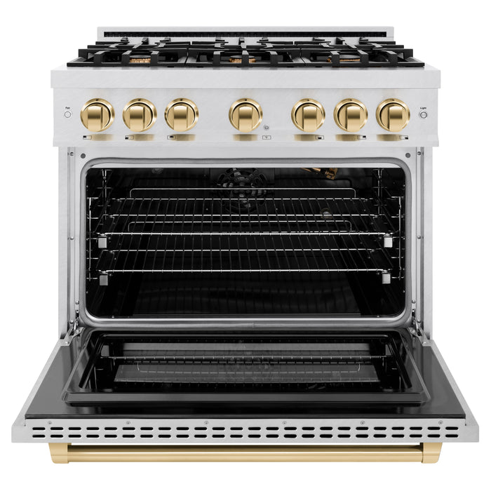 ZLINE Autograph Edition 36" 5.2 cu. ft. Select Gas Range with 6 Burners in DuraSnow® Stainless Steel and Polished Gold Accents, HGRSZ-36-G