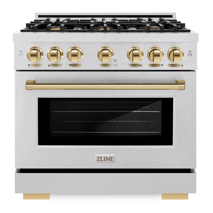 ZLINE Autograph Edition 36" 5.2 cu. ft. Select Gas Range with 6 Burners in DuraSnow® Stainless Steel and Polished Gold Accents, HGRSZ-36-G