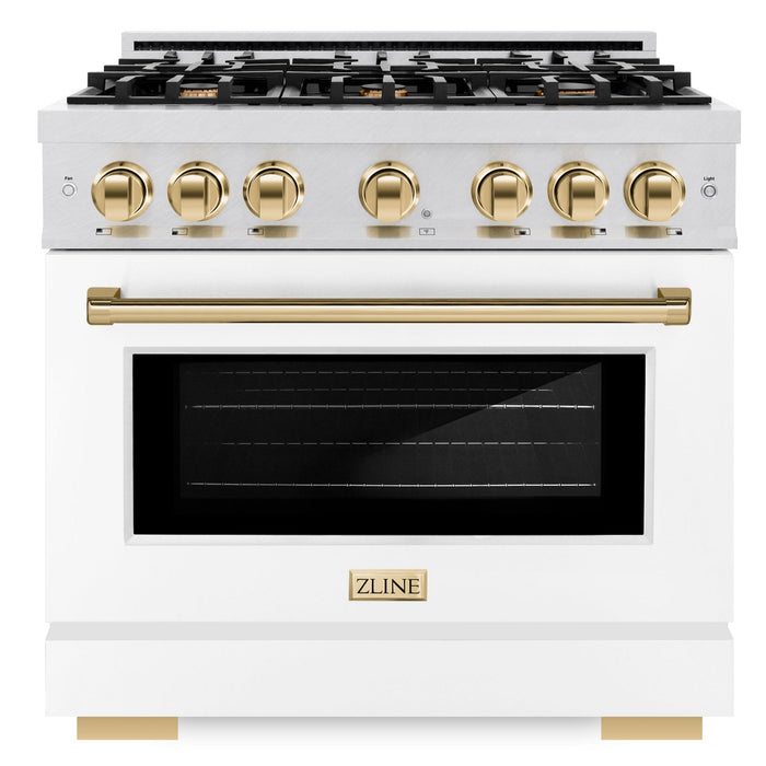 ZLINE Autograph Edition 36" 5.2 cu. ft. Select Gas Range with 6 Burners in DuraSnow® Stainless Steel with White Matte Door and Polished Gold Accents, HGRSZ-WM-36-G